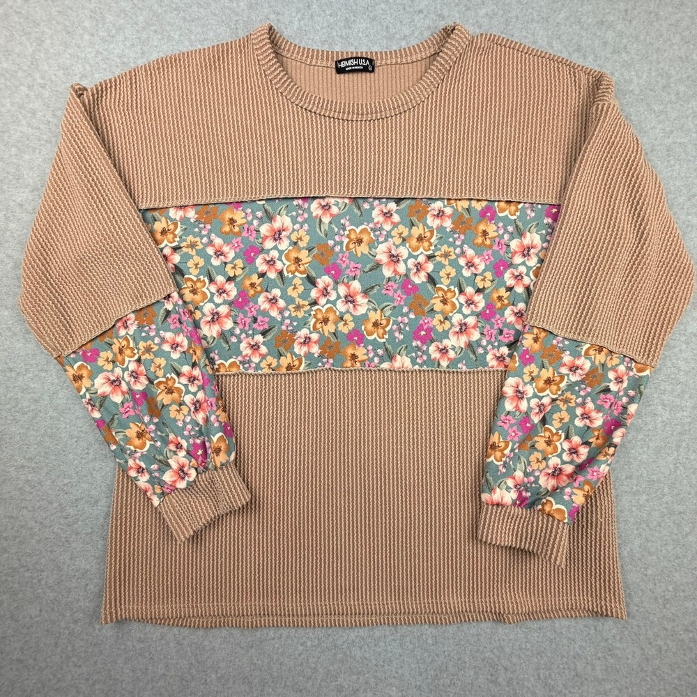 Heimish USA Waffle Knit Floral Contrast Top Tan Teal Pink Large L Long Sleeve